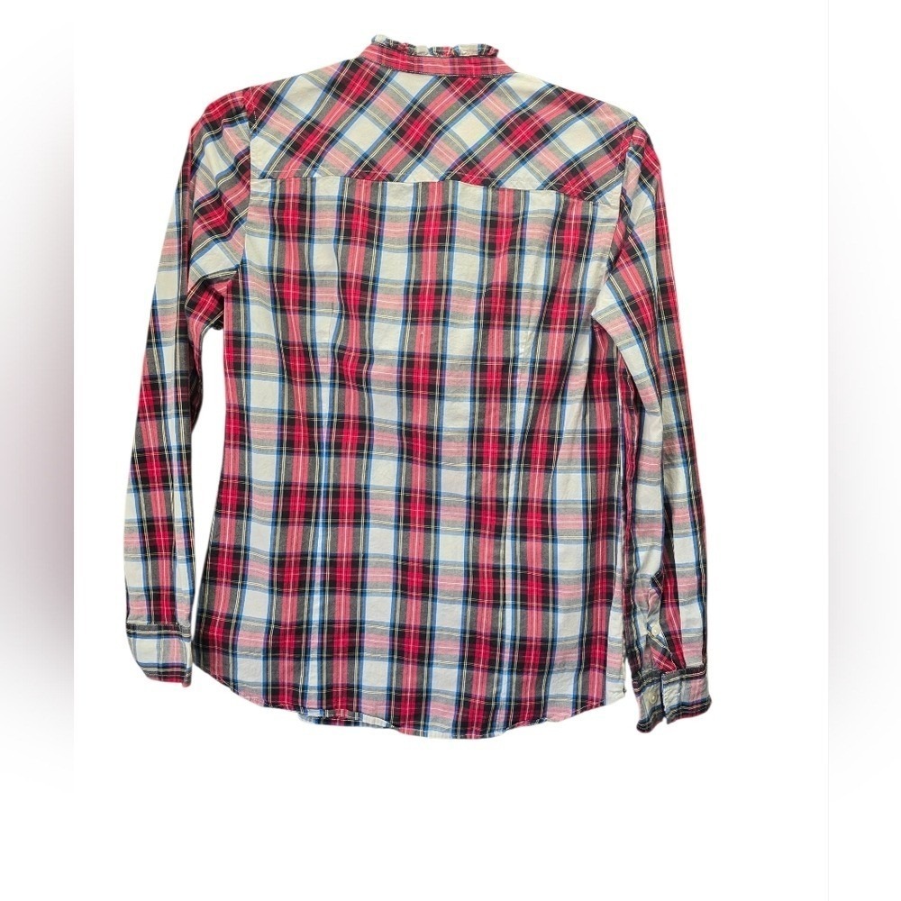 J. Crew Re-Imagined Plaid Button Down Shirt XS Stretch Cotton Ruffle Collar - Picture 2 of 8